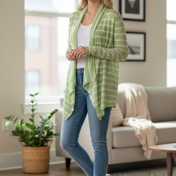 J. Jill Light Green Striped Cardigan - Picture 2 of 6